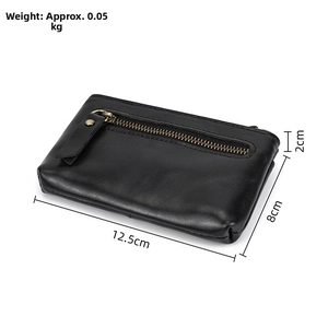 Detail view of black leather coin purse showing dimensions 12.5x8x2cm and 0.05kg weight