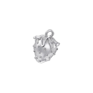 Detail of silver strawberry pendant with realistic seed textures and leaf pattern