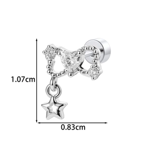 Silver bow heart and star screw back earring dimensions 1.07cm height and 0.83cm width