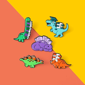 Set of 5 cartoon dinosaur doctor enamel pins with academic books for students