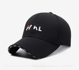 Detail of black baseball cap with 3D letter embroidery and printed brim design