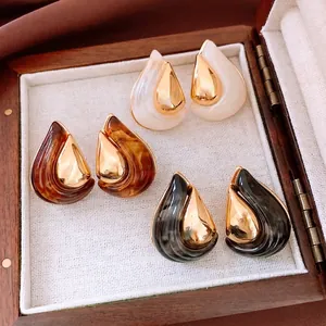 Teardrop Earrings Resin And Copper With 925 Sterling Silver Earring Post Vintage Maillard Style Fashion Jewelry For Women