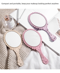 Detailed view of vintage hollow lace handheld makeup mirrors in assorted pastel colors