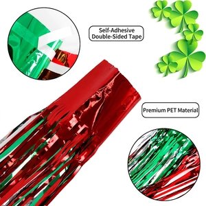 Shiny PET foil fringe curtain in red, silver, and green with adhesive top for party decor