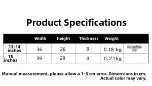 Size chart for heart bow PU laptop sleeve showing dimensions for 13 to 15 inch models