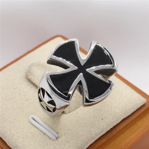 Gothic style men's silver steel ring featuring large black cross inlay and side carvings