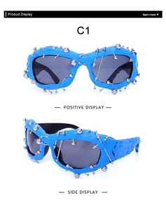 Front and side view of punk style blue sunglasses with silver metal rivet details