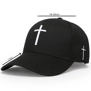 Detail view of black baseball cap with cross embroidery and 54-60cm adjustable size guide
