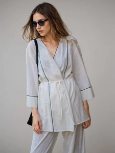 Haut Style Kimono Et Pantalon Large Femme 100% Coton Liseré Contrasté Col V À Nouer Vacances Loungewear