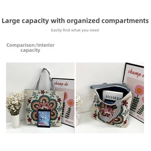 Internal view of floral canvas tote bag showing large capacity and compartments