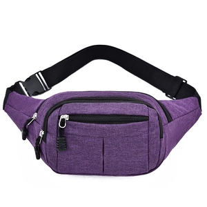 Deep purple casual sports fanny pack with multi-layer zippers and adjustable strap