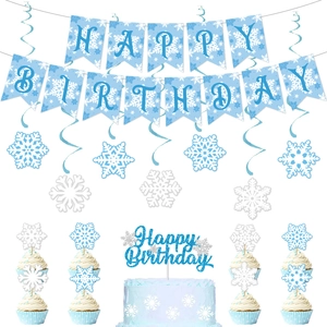 Snowflake Birthday Party Decoration Paper Banner Cake Toppers Hanging Swirls Winter Wonderland Blue White
