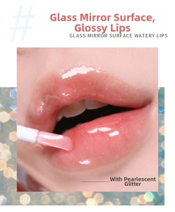 Macro shot of moisturizing lip gloss with shimmering glitter and glossy mirror finish