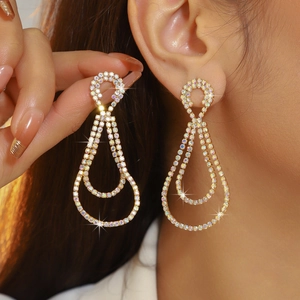 Luxury long rhinestone teardrop earrings with shimmering hollow geometric crystals for women
