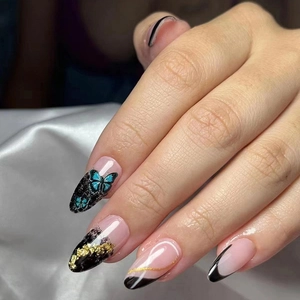 Press On Nails Long Almond Fake Nails French Black Gradient With Butterfly Pattern Gold Glitter Elegant Artificial Nails For Women