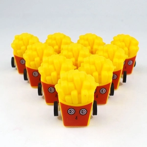 Top-down view of creative French fries pull-back toy cars for children in a red carton set