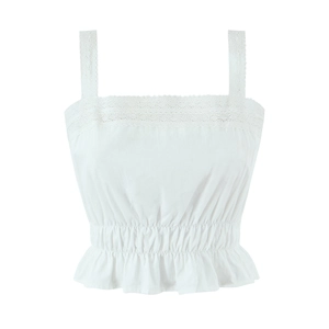 French white lace camisole top with embroidered straps and elastic waist on white background