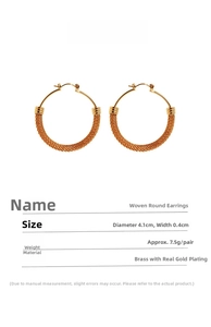 Detailed view of woven mesh round earrings in silver finish with dimensions and weight