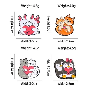 Cartoon enamel animal brooches featuring heart-shaped cat, rabbit, fox, and penguin designs