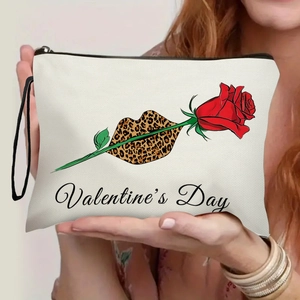 White Valentine's Day cosmetic bag with leopard lip and rose print held by a model