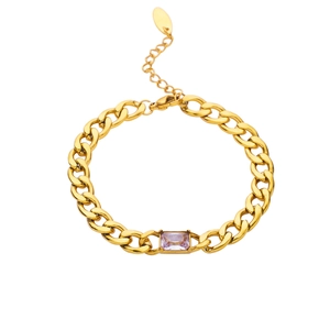 Vintage 18k gold plated stainless steel bracelet featuring a pink rectangular zircon stone
