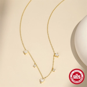 S925 sterling silver gold necklace featuring five heart and round zircon stones