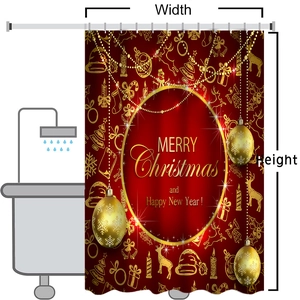 Waterproof Christmas shower curtain with red festive pattern and size specifications
