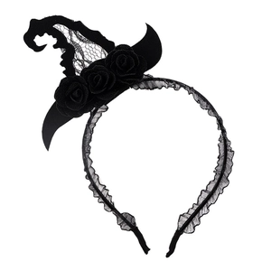 Detail of Halloween headband with black lace, fabric roses, and a miniature wizard hat