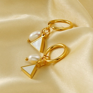 18K gold plated stainless steel hoop earrings with natural pearls on gold satin background