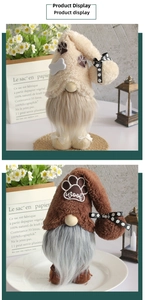 Detail of dog themed plush gnomes with paw embroidery, bone accents and fuzzy hats