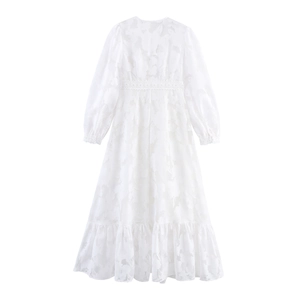 French white floral jacquard dress with lace patchwork and high waist long skirt
