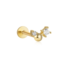 Macro view of gold S925 sterling silver ear stud featuring square and round cubic zirconia