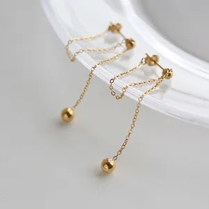 Minimalist 18K gold-plated stainless steel tassel earrings with small round ball drops