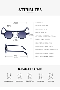 Detailed dimensions and PC frame specifications for retro round punk sunglasses