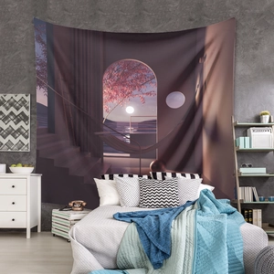 Cozy bedroom setting featuring a scenic tapestry with moonlight and floral archway