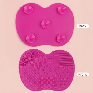 Silicone makeup brush cleaning mat with suction cups in rose red for deep cleansing
