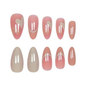 Pink and white heart almond press-on nails set with glossy finish and French tip design