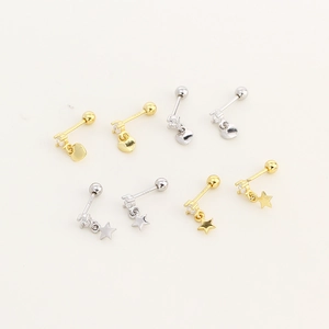 Elegant S925 silver heart and star screw back studs with sparkling crystals in gold and silver