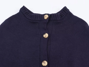 Close-up of navy blue knit cardigan neckline with premium tortoise buttons
