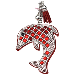 Sparkling red dolphin bag charm with crystals, leather tassel and silver keyring