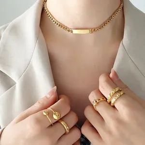 French chic gold chunky chain necklace and matching multi-style ring set for women