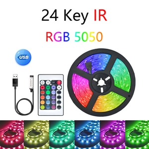 Detailed 5050 RGB LED strip kit with 24-key remote, USB controller and color samples