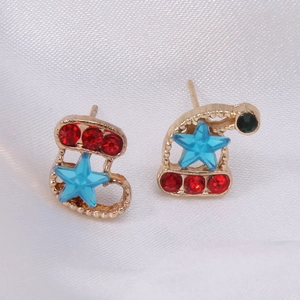 Exquisite gold Christmas boot stud earrings with colorful crystals and blue star charms