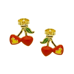 Detail of red and yellow cherry earrings with green leaves and gold metal butterfly backs