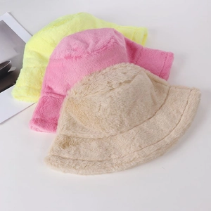 Plush faux rabbit fur bucket hats in yellow, pink and beige, soft winter headwear