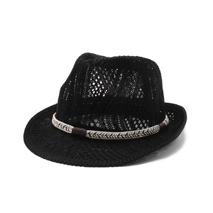 Crochet Hollow Straw Fedora Hat Breathable Sun Protection Jazz Cap With Decorative Braided Band For Summer Beach Travel