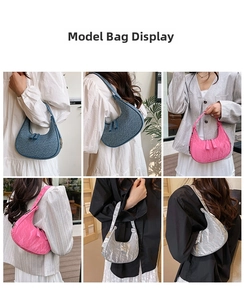 Detailed view of crescent hobo bags in blue jacquard, pink pleated, and silver finishes