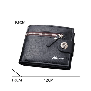 Men's black bifold leather wallet with zipper pocket and magnetic buckle 12cm x 9.8cm