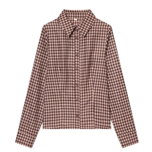 Slim fit long sleeve plaid shirt for women in brown tones with classic collar design