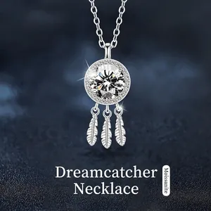 925 Sterling Silver Moissanite Dreamcatcher Pendant Necklace High-end Fashion Feather Clavicle Chain Jewelry For Women